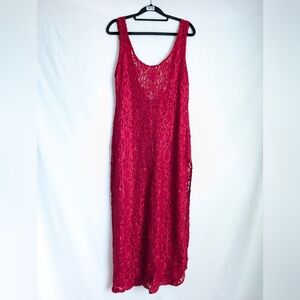 Vintage 90s Deep Red Lace Slip Dress Sheer Floral Lingerie Midi S